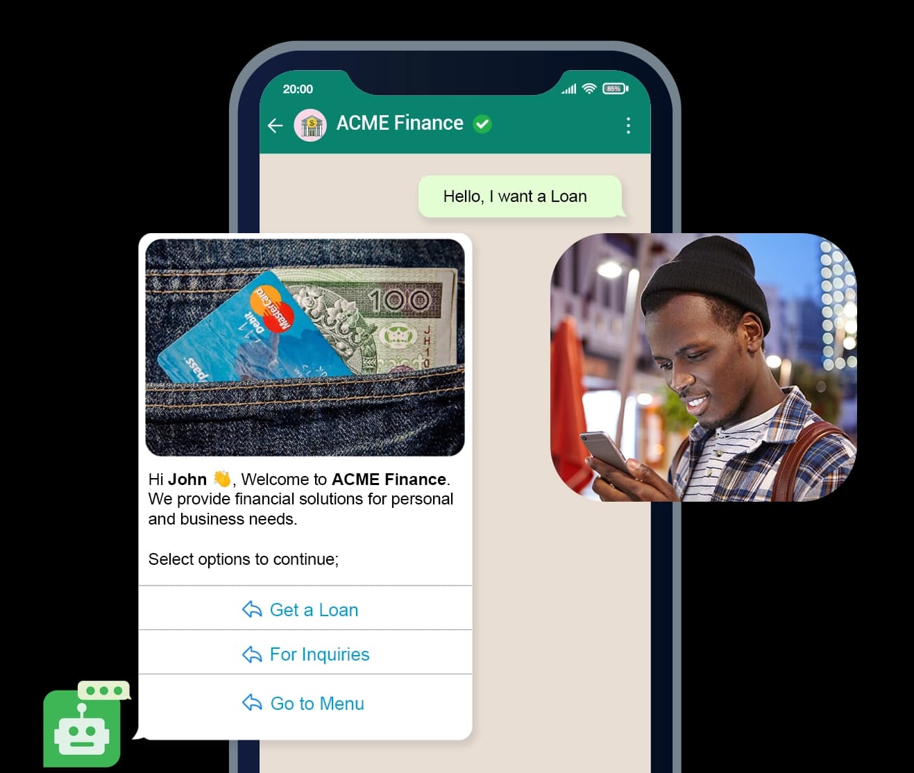 An AI agent answering a customer question on WhatsApp