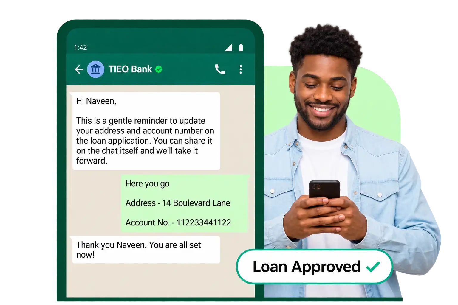 A customer supplying application details in a WhatsApp chat
