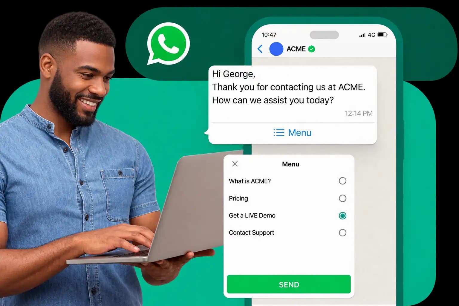 A WhatsApp menu of options sent to a customer