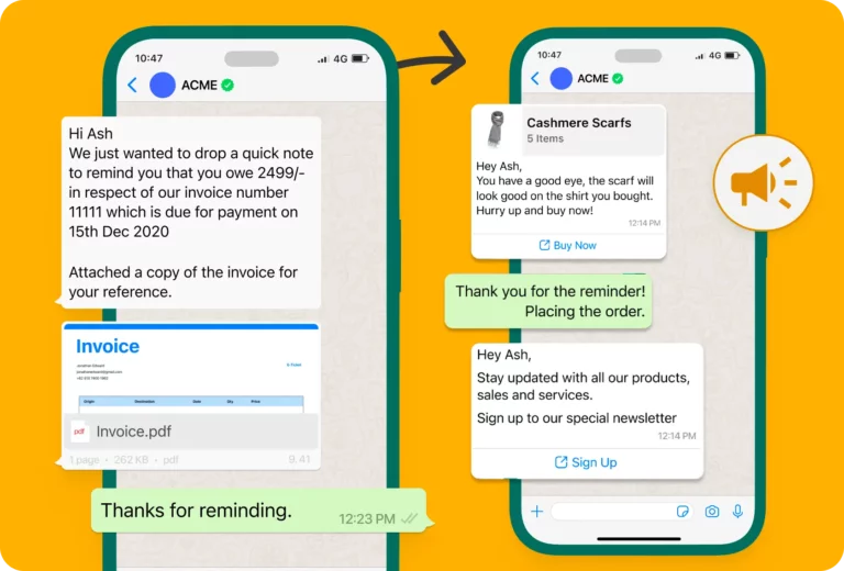 A product promotion and an order reminder in a WhatsApp chat