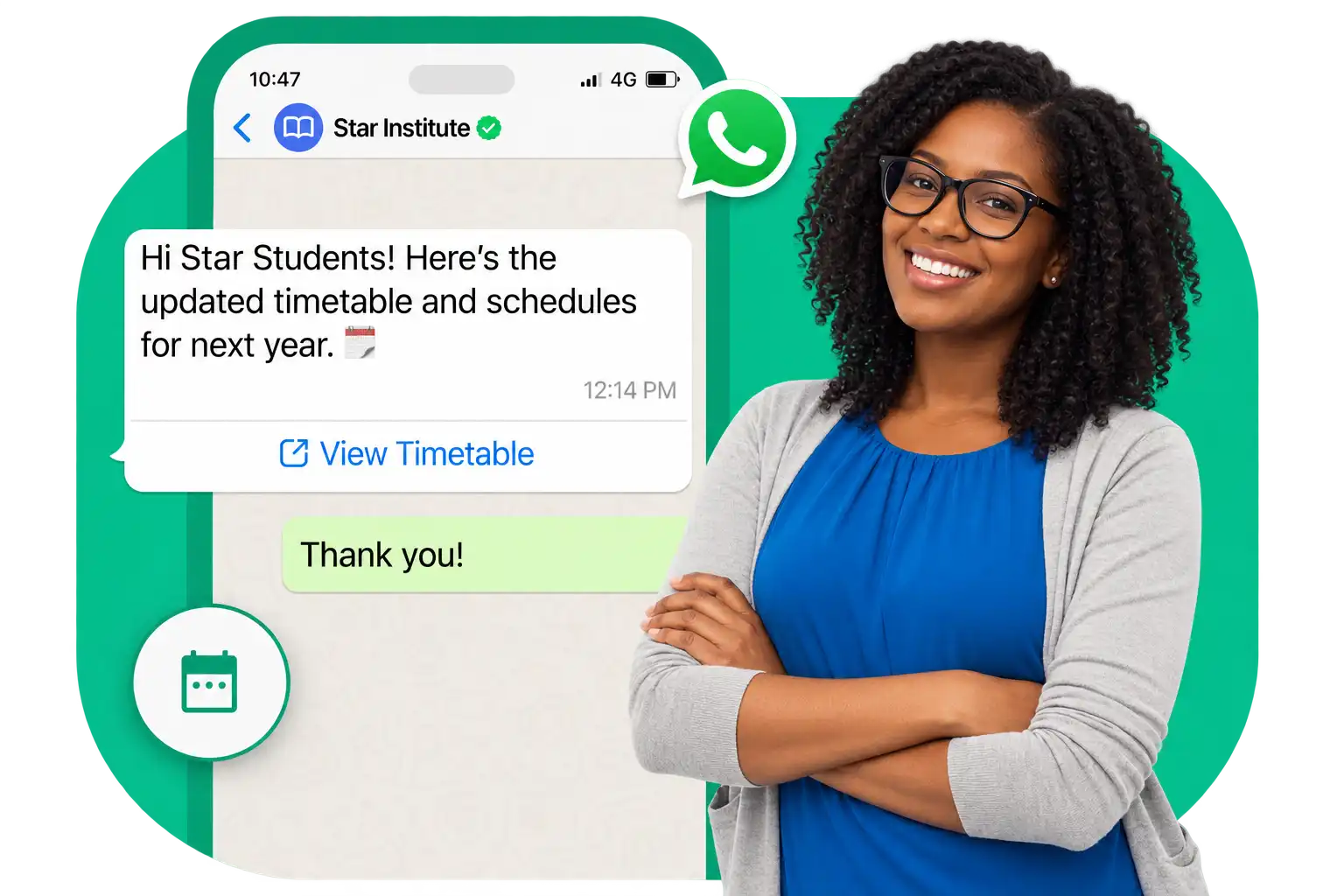 A timetable update sent to students on WhatsApp
