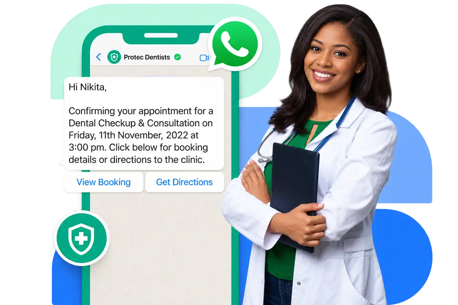 An appointment confirmation with booking and directions buttons