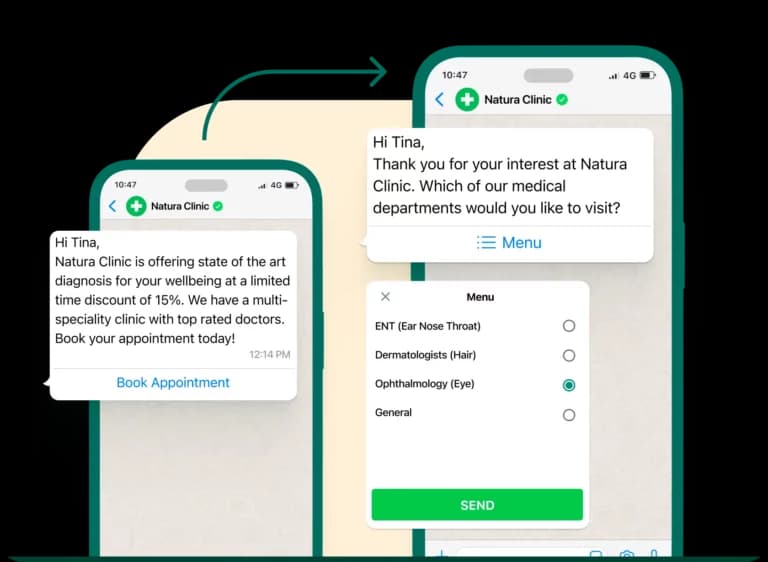 A patient choosing a department from a WhatsApp menu