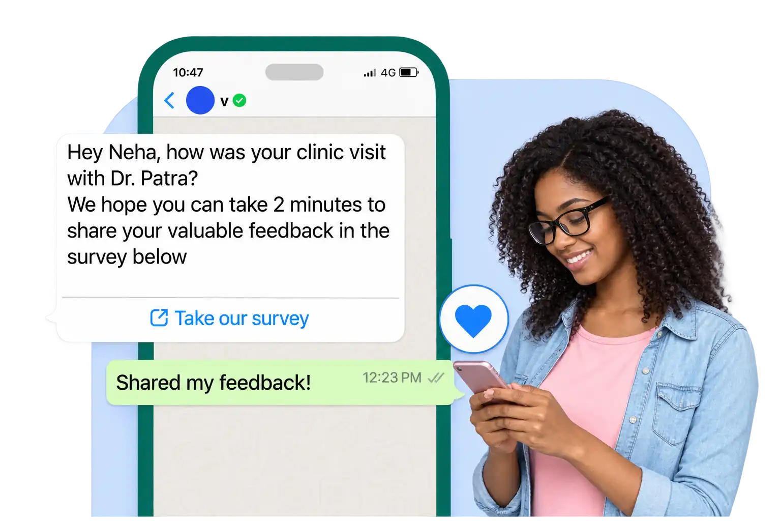 A patient completing a feedback survey on WhatsApp