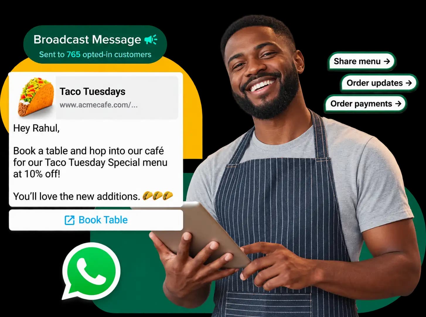 A broadcast offering a table booking on WhatsApp