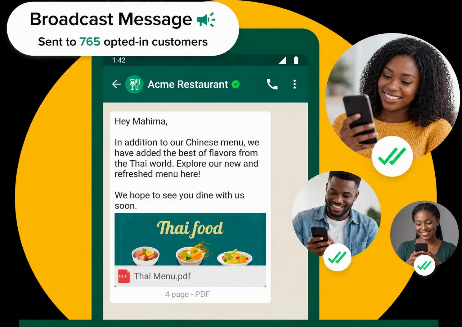 A menu PDF broadcast to opted-in customers