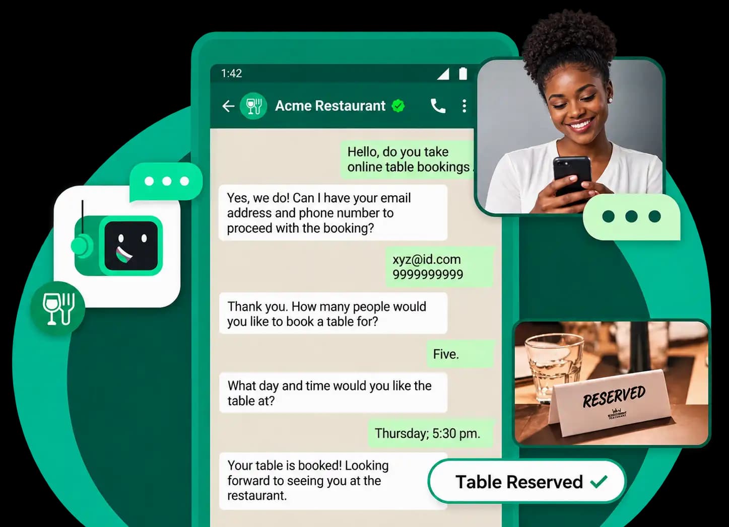A table booking being taken over WhatsApp