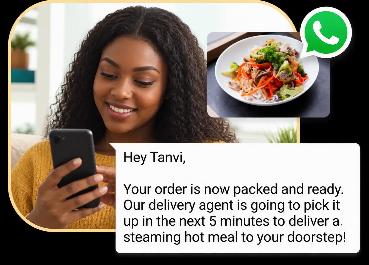 An order status update sent on WhatsApp
